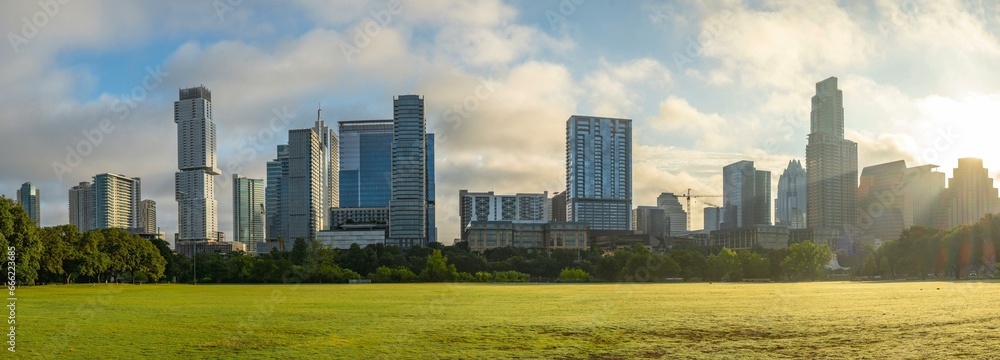 Naklejka premium 4K Image: Austin Texas Morning City Skyline Panorama with Modern Buildings, Urban Beauty at Dawn