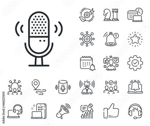 Studio mic sign. Place location, technology and smart speaker outline icons. Microphone line icon. Voice record device symbol. Microphone line sign. Influencer, brand ambassador icon. Vector
