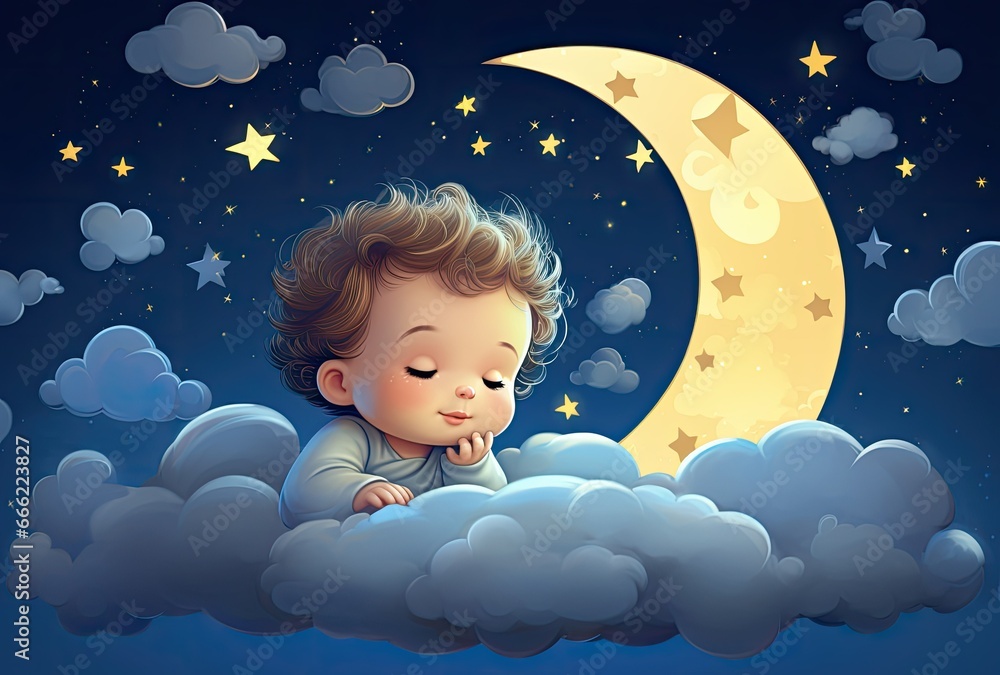 A little boy sleeps on a cloud under the moon and stars A little boy sleeps on a cloud under the moon and stars