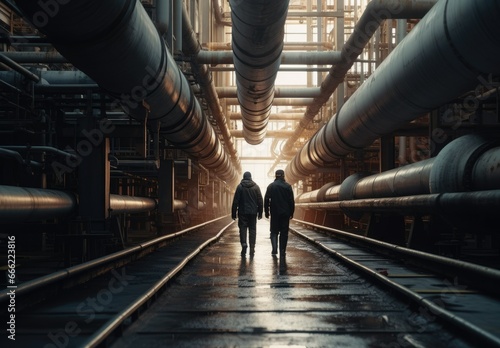 Engineers are inspecting and working in an oil refinery industrial plant photo