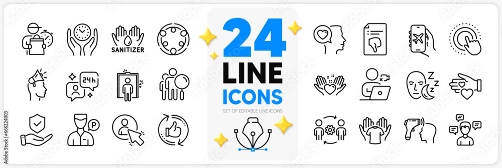 Icons set of Engineering team, Hand sanitizer and Electronic thermometer line icons pack for app with Thumb down, Romantic talk, Safe time thin outline icon. Consulting, Video conference. Vector