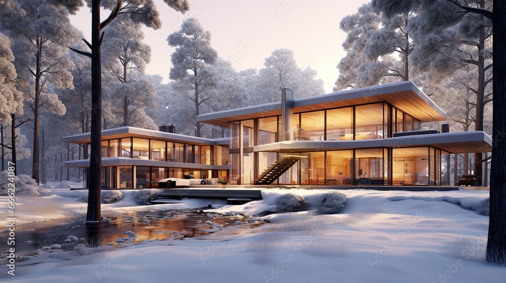 Modern new luxury residential building at winter forest. Snow. Private rich property Modern new luxury residential building at winter forest. Snow. Private rich property