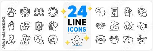 Icons set of Engineering team, Hand sanitizer and Electronic thermometer line icons pack for app with Thumb down, Romantic talk, Safe time thin outline icon. Consulting, Video conference. Vector