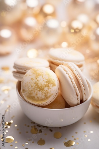 White and gold colored luxury elegantly macarons for Christmas and cozy blur background