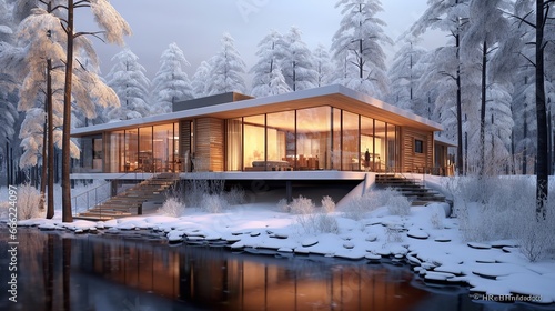 Modern new luxury residential building at winter forest. Snow. Private rich property
