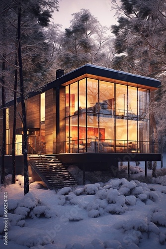 Modern new luxury residential building at winter forest. Snow. Private rich property © Daniil