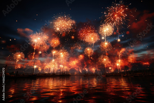 Fireworks in the sky over the city by the river. AI generative.
