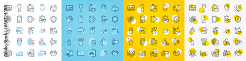 Vector icons set of Juice, Bike app and Destination flag line icons pack for web with Report diagram, Gps, Smartphone broken outline icon. Collagen skin, Analytics graph, Fake news pictogram. Vector