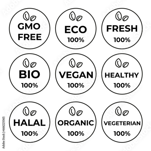 Black and white icons, stickers. Halal, GMO Free, Vegetarian, Vegan, Organic, Bio, Healthy food