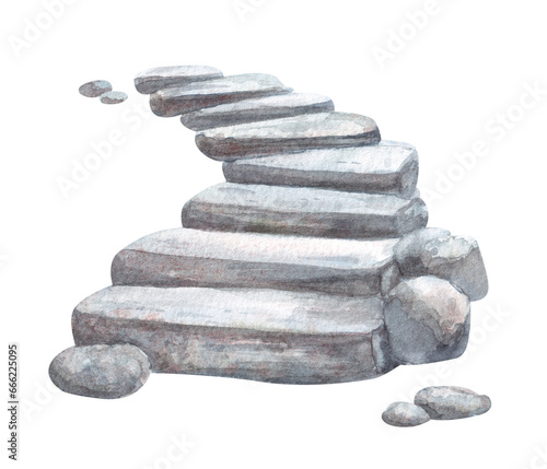 Old stone stairs. Hand painted watercolor illustration on a white background, not AI.