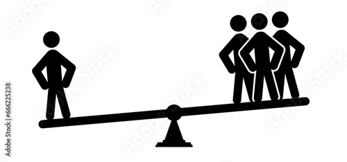 Cartoon people balance on seesaw. Team Balance, Stickman perfect balance, unstable equilibrium. teamwork concept. Business balance. Conceptual business. Users on scale. weight icon.