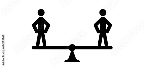 Cartoon people balance on seesaw. Team Balance, Stickman perfect balance, unstable equilibrium. teamwork concept. Business balance. Conceptual business. Users on scale. weight icon.