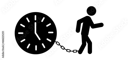 Cartoon deadline or slave iron. Stickman, people walks with a weight chained to his foot. Prisoner with ball on chain icon. Don't forget or miss the deadline concept. Deadlines, stress plan.