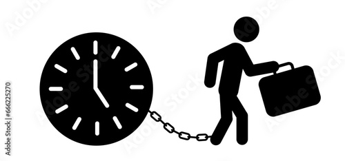 Cartoon deadline or slave iron. Stickman, people walks with a weight chained to his foot. Prisoner with ball on chain icon. Don't forget or miss the deadline concept. Deadlines, stress plan.