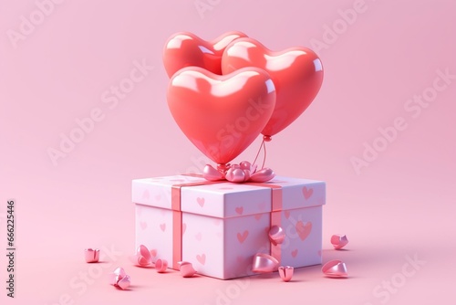 Pink gift box with heart balloons against a 3D-rendered background. Generative AI © Elaria
