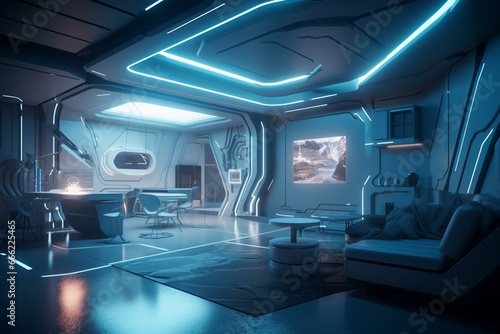 Futuristic home interiors with a sci-fi style illustration. Generative AI