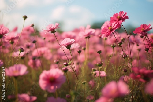 Pink flowers in a field with a blurry foreground and background of flowers. Generative AI © Ananya