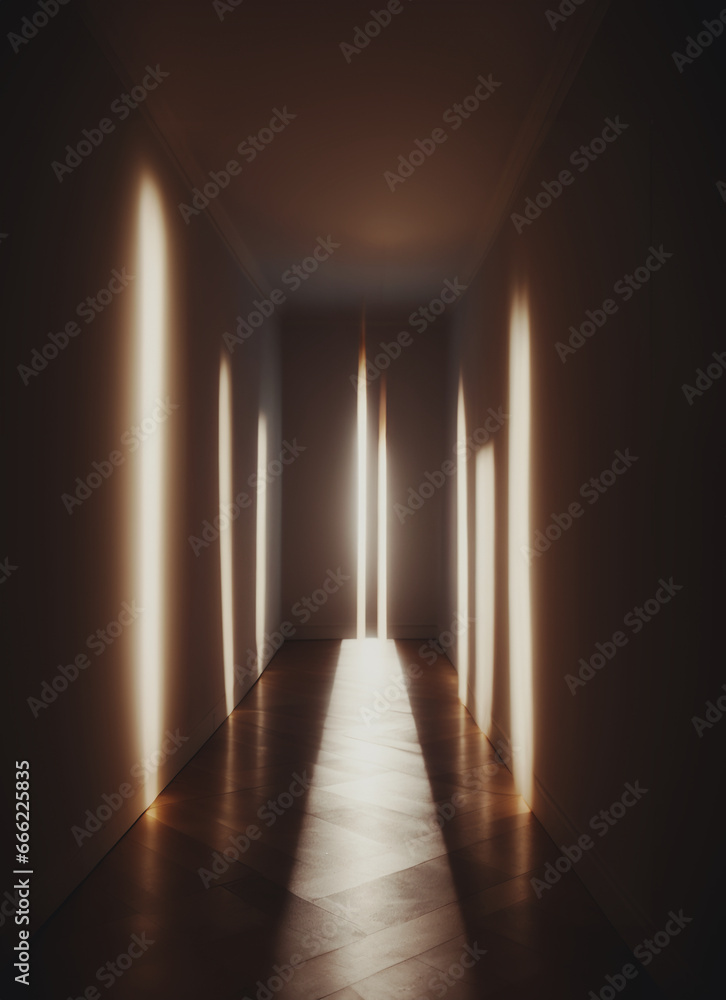 interno di elegante corridoio debolmente illuminato da strisce  di luce