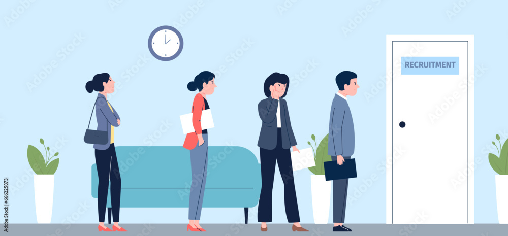 Workers in queue on job interview in corporate office. Man and women search work, professionals and human resource, vector concept Workers in queue on job interview in corporate office. Man and women search work, professionals and human resource, vector concept