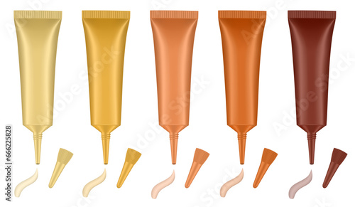 Set of tubes with long nozzle and cream smear. Shades of beige. Cosmetic packaging. Serum or ointment. Gel or cream. Foundation or concealer. 3d