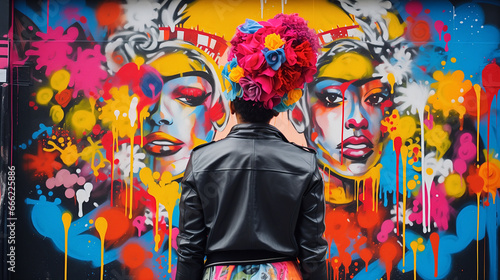 Amidst street art and graffiti, a passionate individual embraces radical self-expression with bold and unconventional attire, celebrating authenticity through vibrant colors and bold details. photo