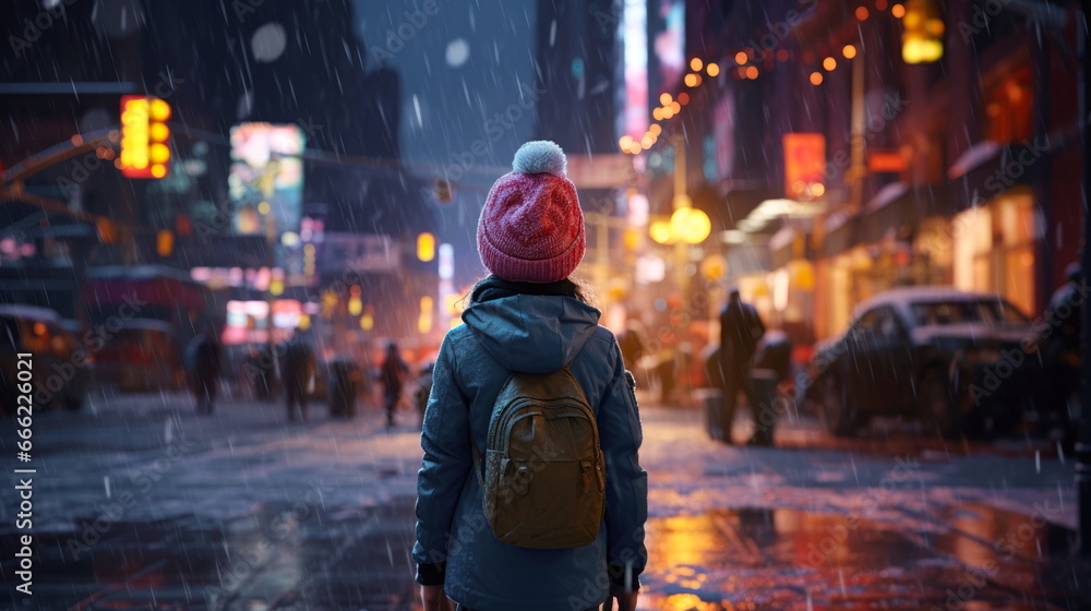 Joyful little girl in the background of city lights in the snow. Joyful little girl in the background of city lights in the snow.