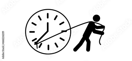 Business man or stickman fight against time. Stick figures man, businessman and clock icon. Time, deadline sign. Recruiter work time concept. Dead line, managing or management time. Job tome to work.