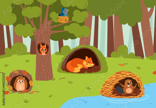 Woodland animals in holes forest landscape. Cute cartoon fox, squirrel and hedgehog. Cartoon beaver on dam and bird in nest classy vector background