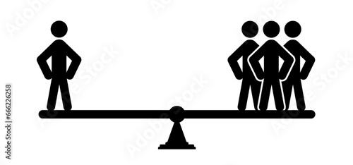 Cartoon people balance on seesaw. Team Balance, Stickman perfect balance, unstable equilibrium. teamwork concept. Business balance. Conceptual business. Users on scale. weight icon.