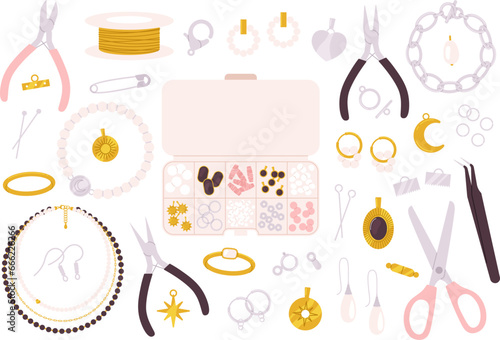 Jewelry making tools and accessories. Creating necklace and bracelet, needlework and handcrafting. Beads, scissors and pins, racy vector workshop set