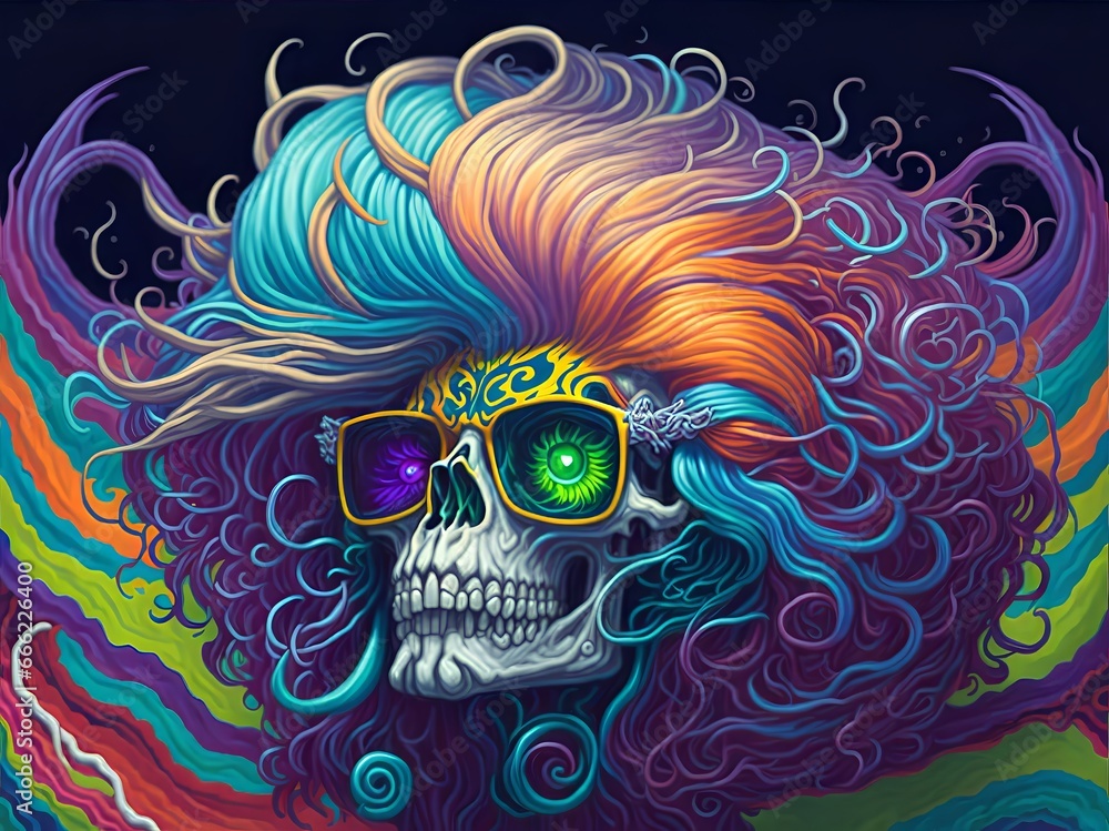 Una calavera con una melena larga y fluida de pelo de colores arco iris y gafas redondas con montura plateada, rodeada de un aura psicodélica y arremolinada Una calavera con una melena larga y fluida de pelo de colores arco iris y gafas redondas con montura plateada, rodeada de un aura psicodélica y arremolinada