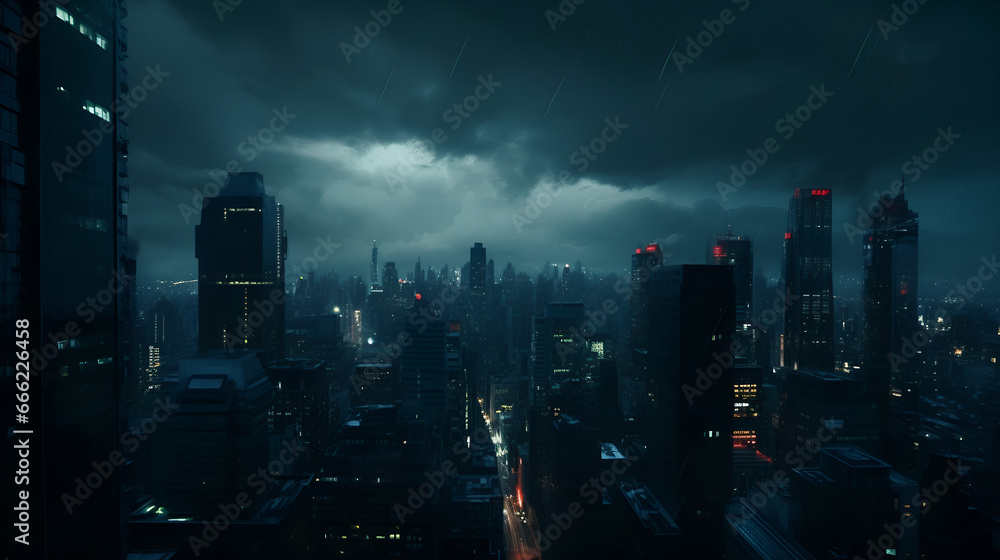A sprawling metropolis engulfed in perpetual shadows, skyscrapers reaching into the ominous clouds. Dimly lit windows reveal the silhouette of a city plagued by harsh surveillance. AI generative.