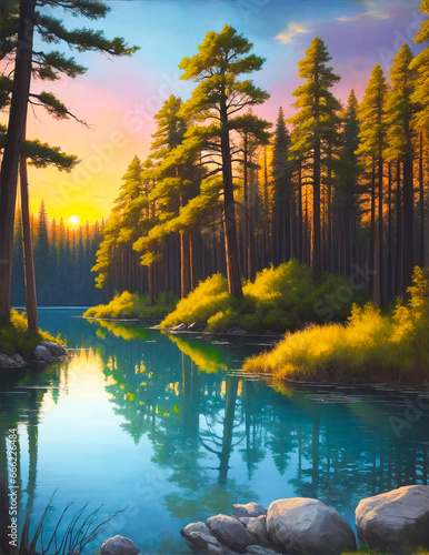 Immerse in nature s beauty  realistic wilderness painting  tranquil lake  majestic pines  vibrant colors  stunning sunset.