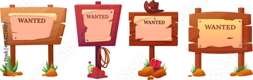 Wanted billboard. Wooden billboards with cowboy hat, rope and cactus. Cartoon wild west elements, texas or arizona style nowaday vector elements