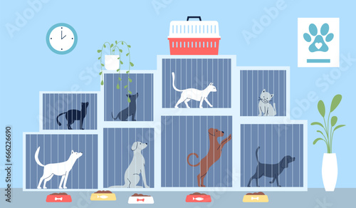 Animal shelter with dogs and cats in cages. Feeding homeless animals, adopt me concept. Social work or volunteering recent vector flat illustration