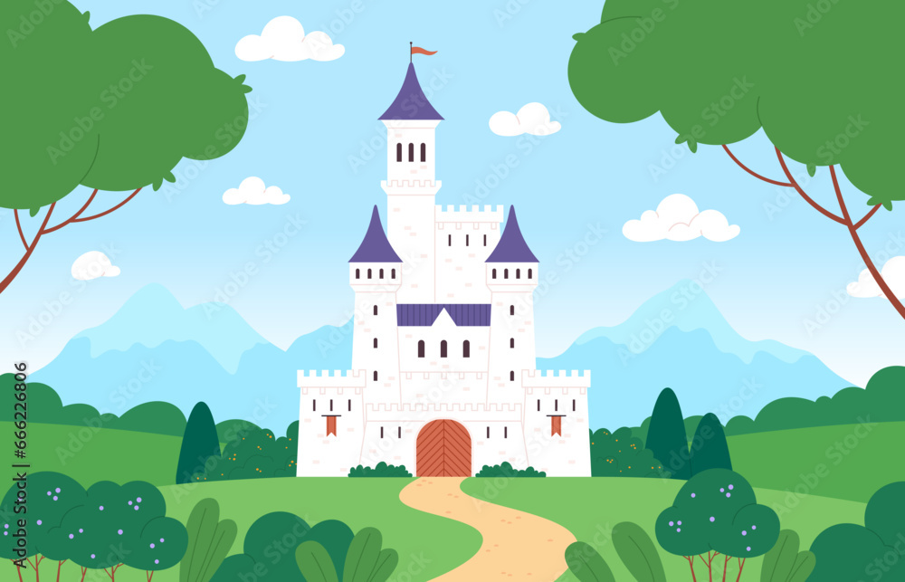 Naklejka premium Fairy castle on fantasy meadow in forest. Tale landscape with medieval building for princess or king. Housing with gates, towers and flags racy vector backdrop