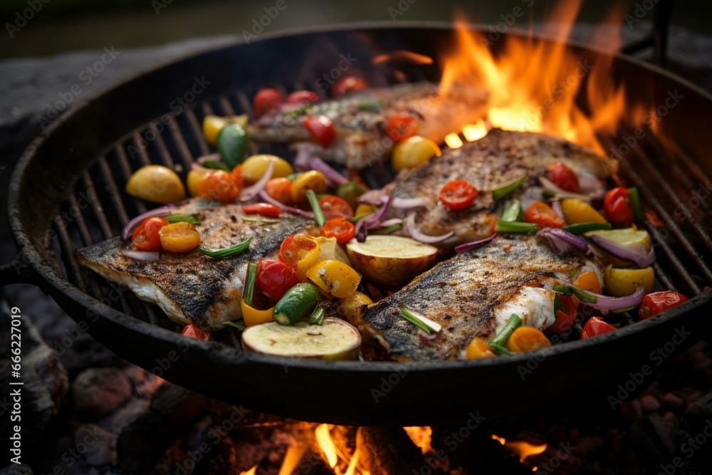 Fish and veggies cooked over an open flame. Generative AI Fish and veggies cooked over an open flame. Generative AI