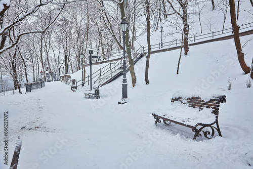 Benches in the winter city park