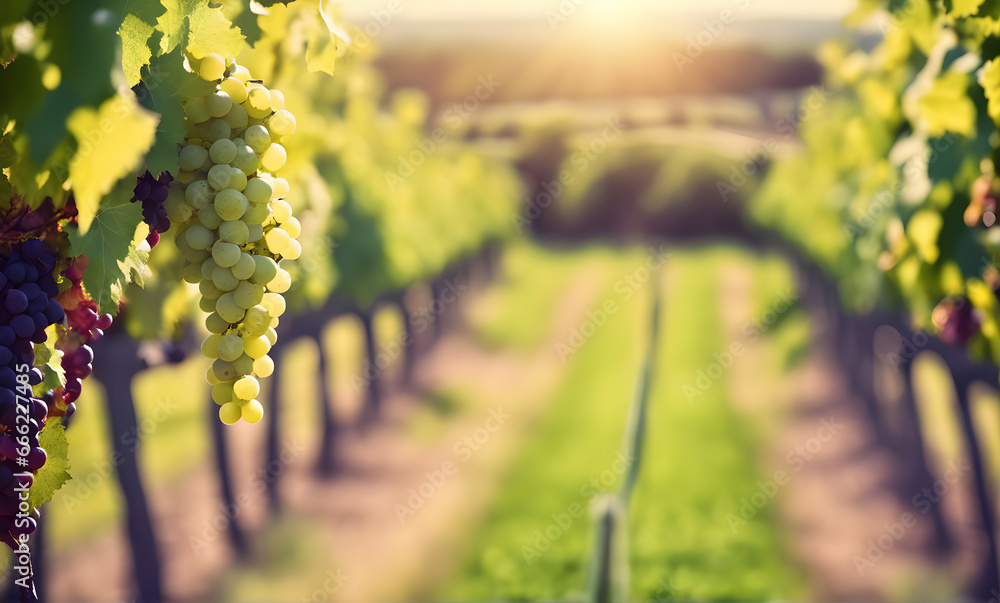 Sunny vineyard landscape with grapes