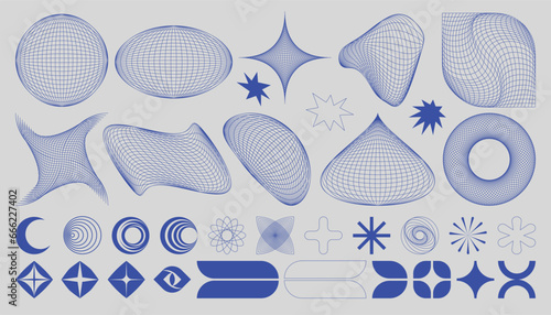 Set of abstract brutalist elements, wireframes, 3d geometric shapes, and grid deformation. Cyberpunk and retro futuristic forms. Vector Y2K aesthetic geometric graphic.
