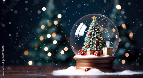 Christmas transparent snow globe on table closeup on Christmas background with copyspace