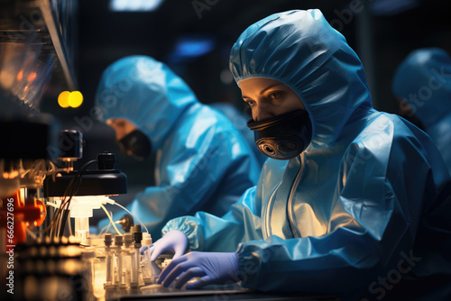 A scientist working in a laboratory wearing protective gear, following strict laboratory hygiene protocols. Concept of laboratory safety. Generative Ai.