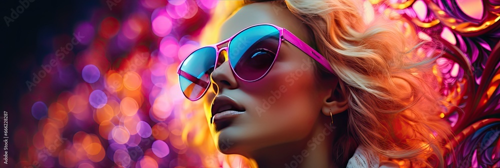 woman in sunglasses in the neon colors background 