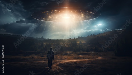 man standing in front of an alien spaceship flying in the night sky  photo