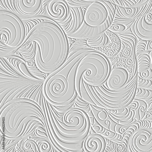 3d Textured surface emboss sguiggle lines pattern. White vector relief doodle lines, squiggles, spiral background. Embossed squiggly spiral lines doodle ornament. Grunge texture with embossing effect