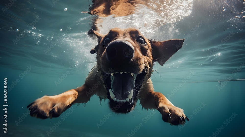 Obraz na płótnie front view, close up of a brown dog is diving and playing in the water happily.  w salonie