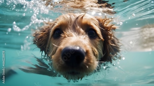 A cute brown, long-haired puppy jumped into the water to play. front view, Close-up of the head of a dog in the water. © Naige