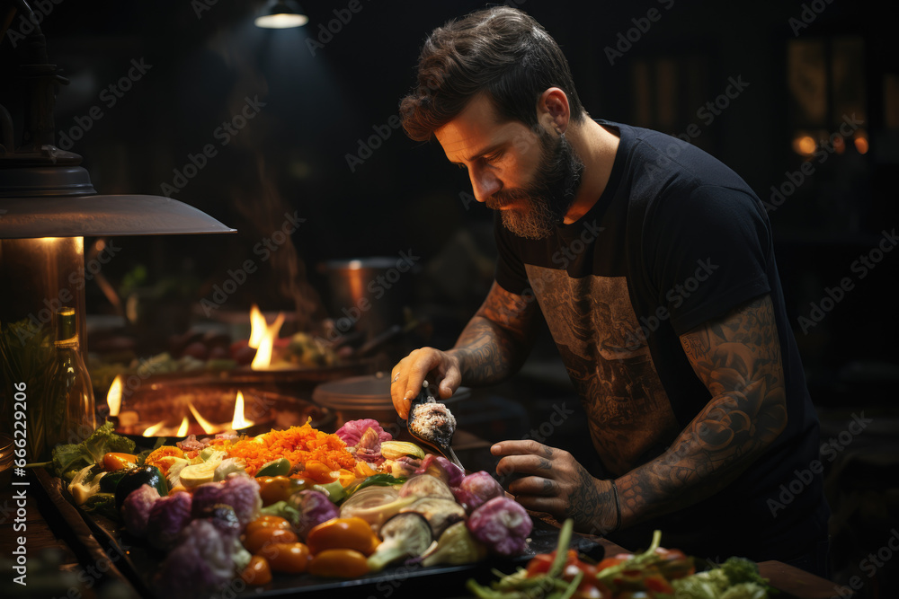 A vegan chef creating plant-based versions of classic comfort foods, promoting vegan cuisine. Concept of vegan cooking. Generative Ai. A vegan chef creating plant-based versions of classic comfort foods, promoting vegan cuisine. Concept of vegan cooking. Generative Ai.