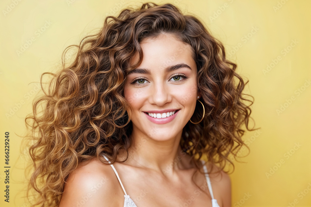 Radiant Beauty in a Studio: Captivating Model with curly dark brown hair smiling Radiant Beauty in a Studio: Captivating Model with curly dark brown hair smiling