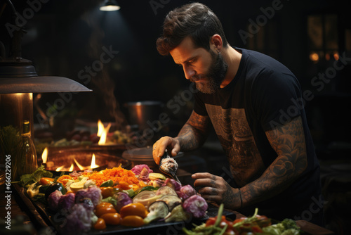 A vegan chef creating plant-based versions of classic comfort foods  promoting vegan cuisine. Concept of vegan cooking. Generative Ai.